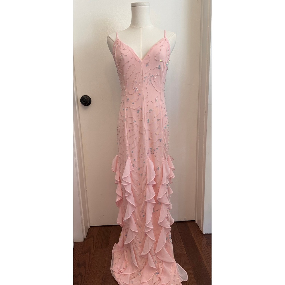 Bebe Cascade Beaded Mesh Gown Blush Pink Sequin Ruffle Formal Dress BEBE1324 S
